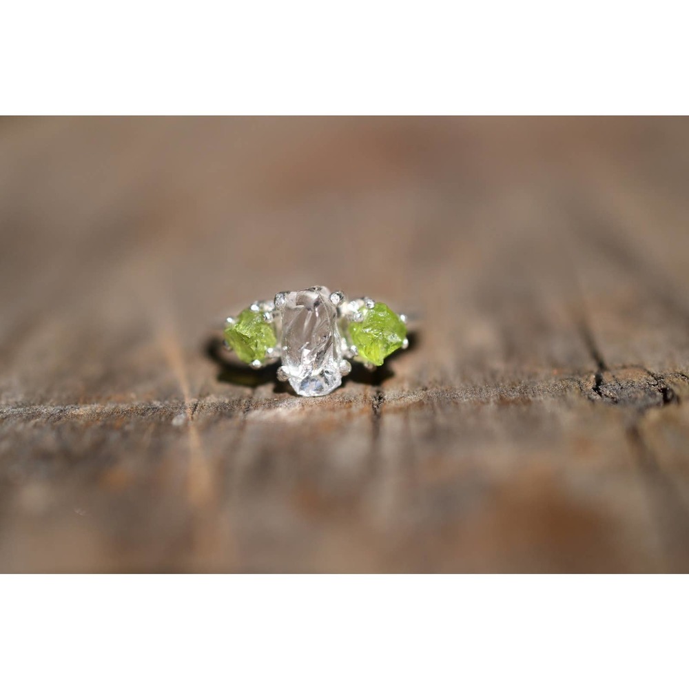 Raw peridot and clear quartz engagement ring, rough cut gemstone ring
